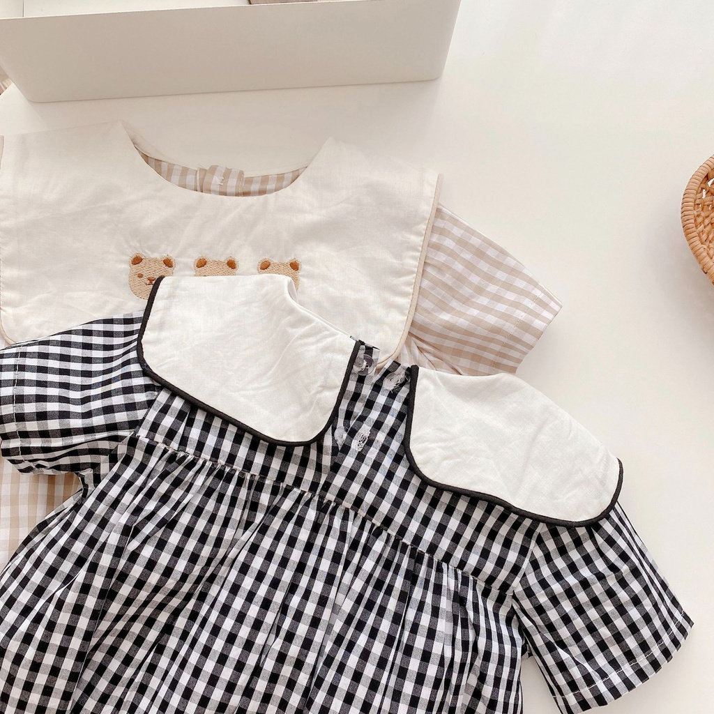 Bộ Áo Liền Quần Cổ Vuông Thêu Hình Gấu Xinh Xắn Thời Trang Mùa Hè Cho Bé Gái Sơ Sinh