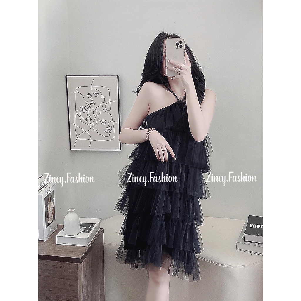 Đầm cổ yếm lưới tầng dáng ngắn xoè Váy babydoll dự tiệc đi chơi nữ tính gợi cảm Kèm Hình Thật LTNCY01