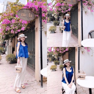 S673 set áo 2 dây xanh quần suông siêu hot áo 2 dây buộc điều chỉnh, đuôi xoè rộng