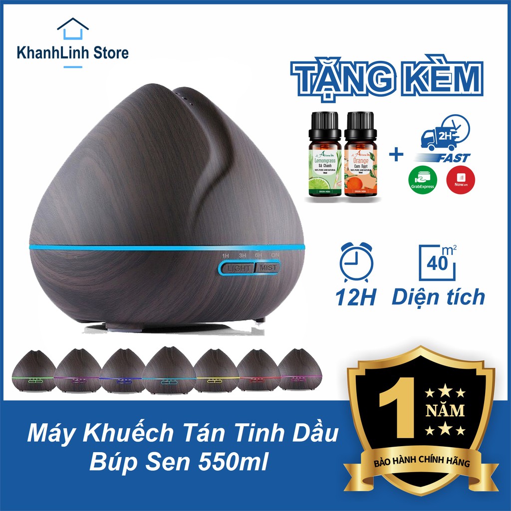 Máy xông tinh dầu, khuếch tán, phun sương vân gỗ sen vàng 550ml,đèn led 7 màu-30m2 - Tặng tinh dầu