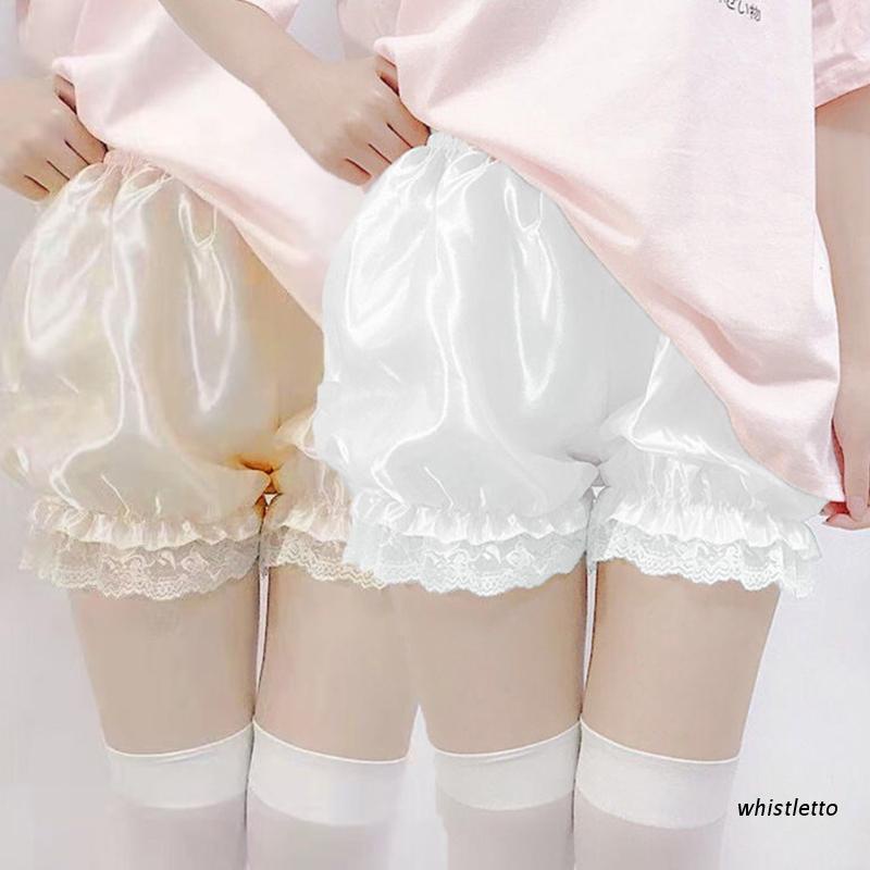 Quần phồng dáng rộng viền ren nhún bèo vải lụa satin phong cách lolita thời trang cho nữ