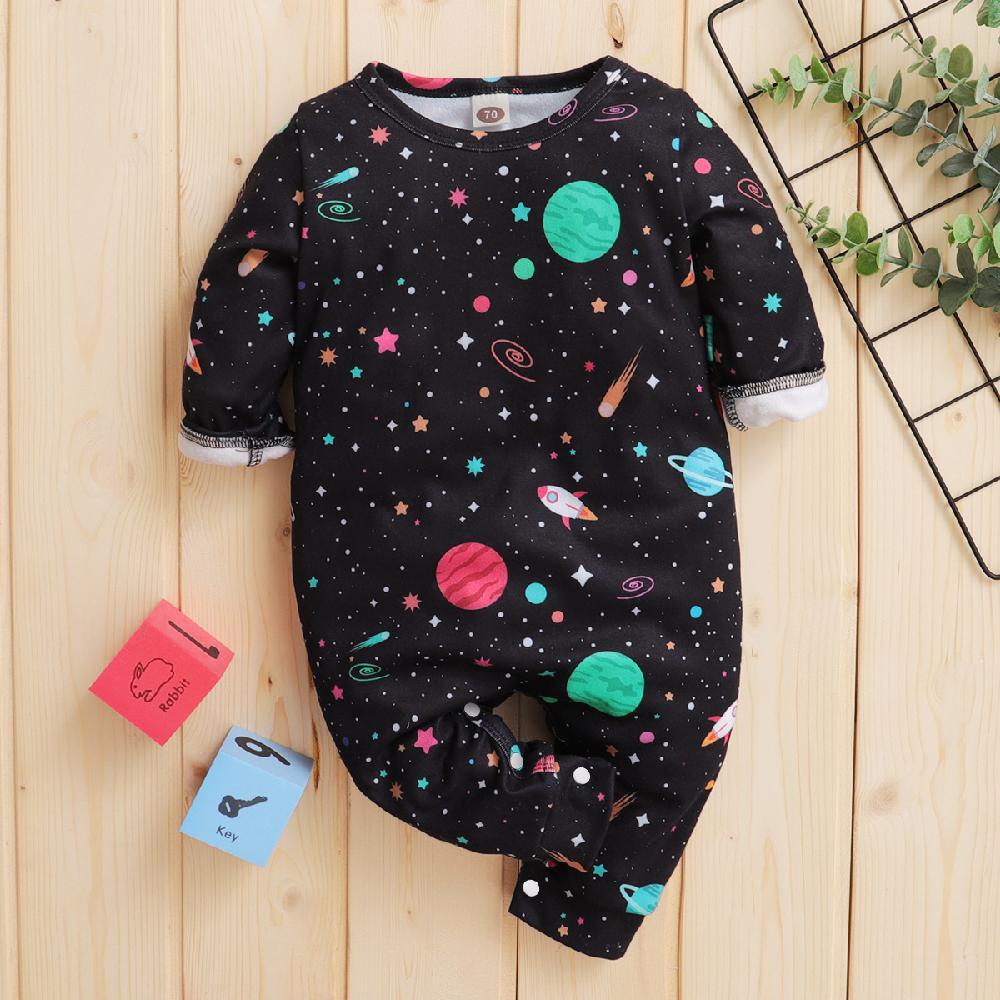 Áo liền quần MIKRDOO tay dài in họa tiết hành tinh vũ trụ thời trang cho bé trai 0-12 tháng tuổi