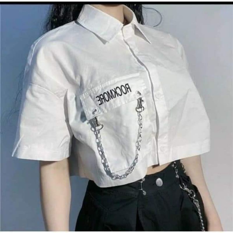 Áo sơ mi croptop phối xích túi hộp Ulzzang