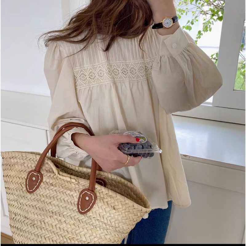 áo sơ mi kiểu dài tay xếp li ngực vintage ảnh thật