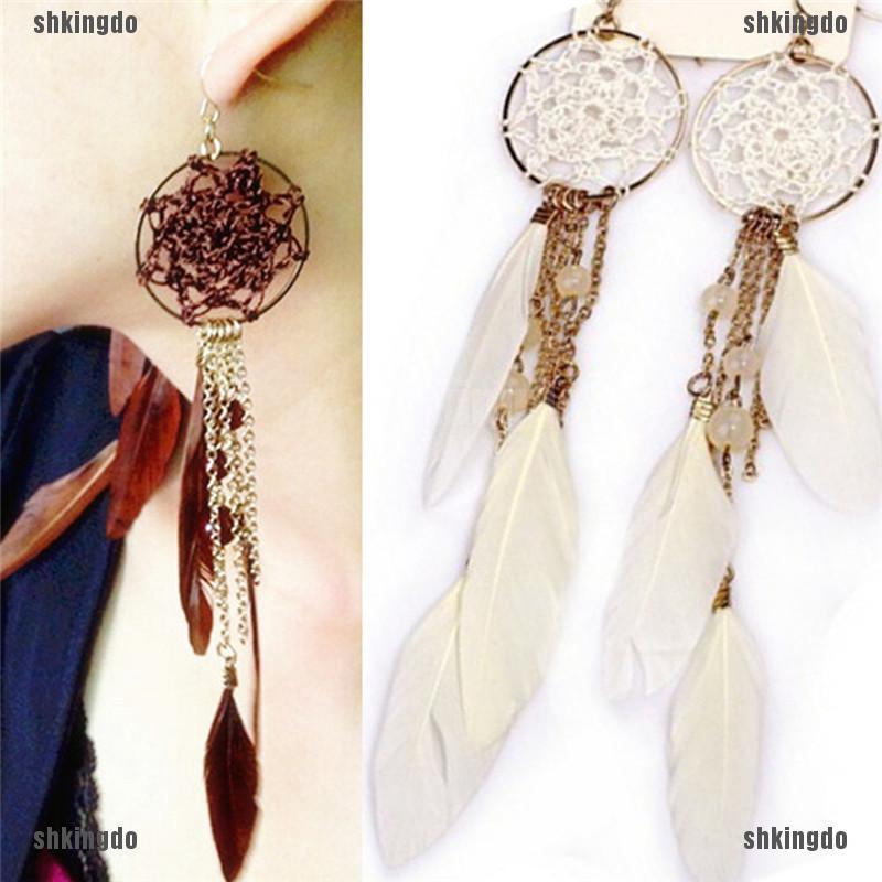 Hoa tai dáng dài phong cách Dreamcatcher phối tua rua lông vũ thời trang