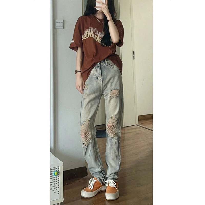 Quần jeans Nữ Dài Lưng Cao Mài Rách Thời Trang Hàn