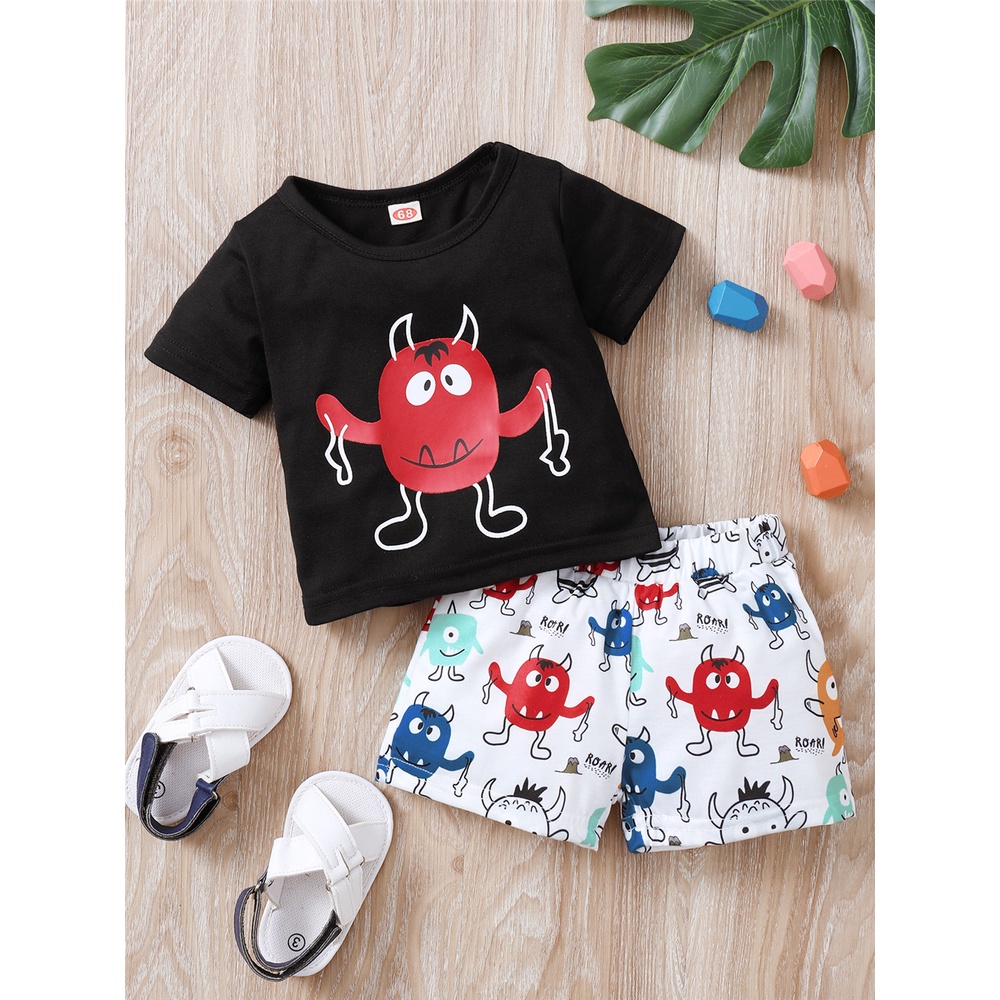 Set Đồ Mùa Hè 2 Món Gồm Áo Thun Tay Cộc + Quần Ngắn In Họa Tiết Vui Nhộn Cho Bé Trai 0-2 Tuổi