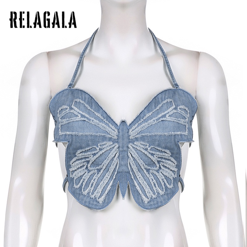 Áo denim RELAGALA không tay phối ren họa tiết bướm xinh xắn cho nữ