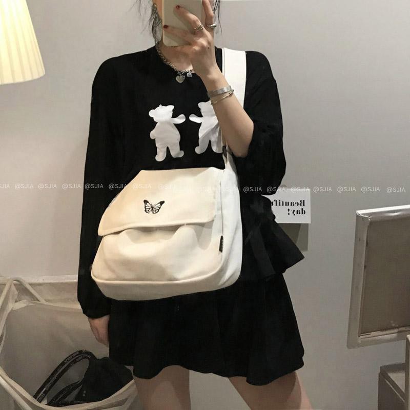 Túi tote đeo chéo Unisex nam nữ-vải dệt canvas màu trắng -đen-phong cách Ulzzang nam nữ
