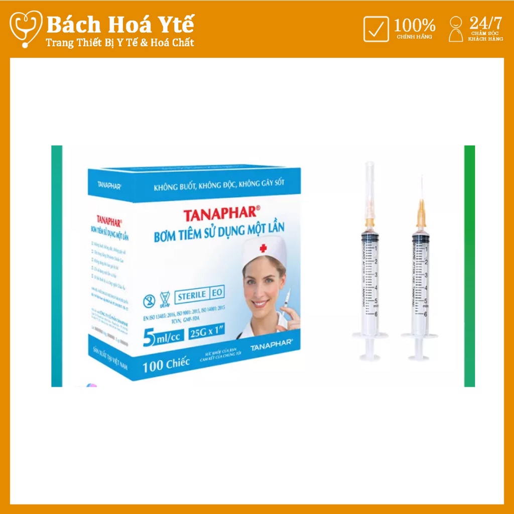 Bơm tiêm dùng 1 lần Việt Nam TANAPHAR bơm 5ml (hộp 100 cái)