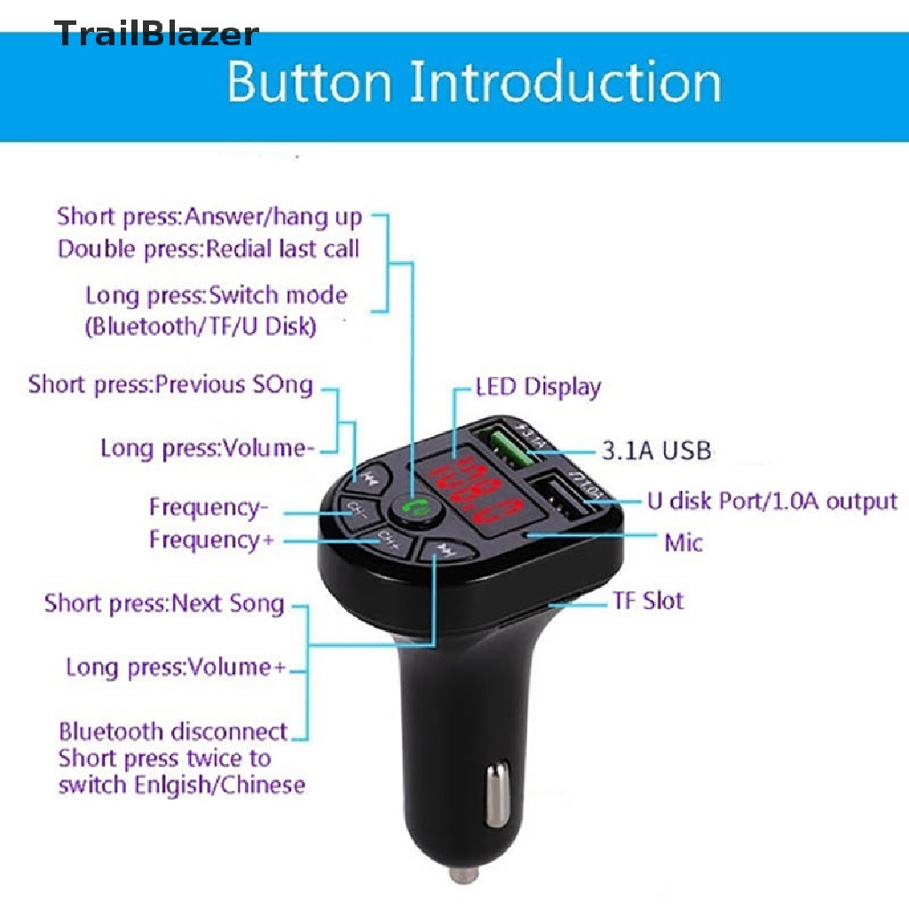 Tbvn Bluetooth 5.0 FM Transmitter Car Kit MP3 Modulator Player Audio Receiver Charger Jelly