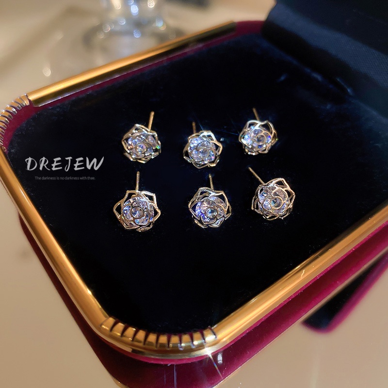 DREJEW Set 6 khuyên tai kiểu bông hoa đính đá zircon thời trang Hàn Quốc dành cho nữ