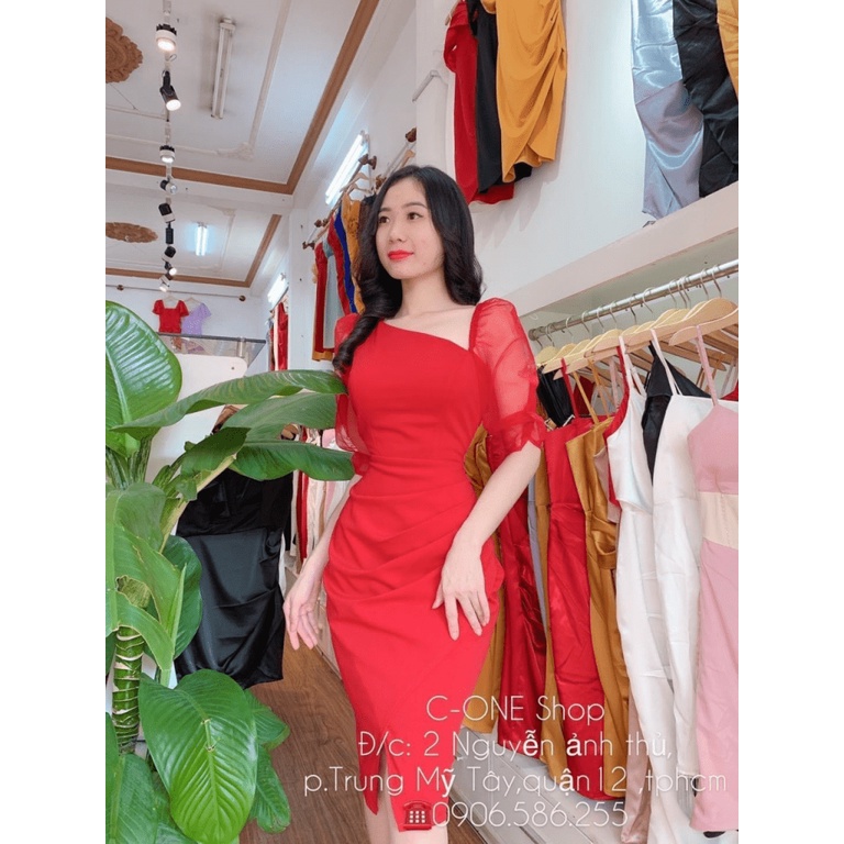 ĐẦM BODY  VAI XÉO TAY LƯỚI ĐÙI XẺ DỰ TIỆC SANG CHẢNH TINH TẾ PU HHP FASHION