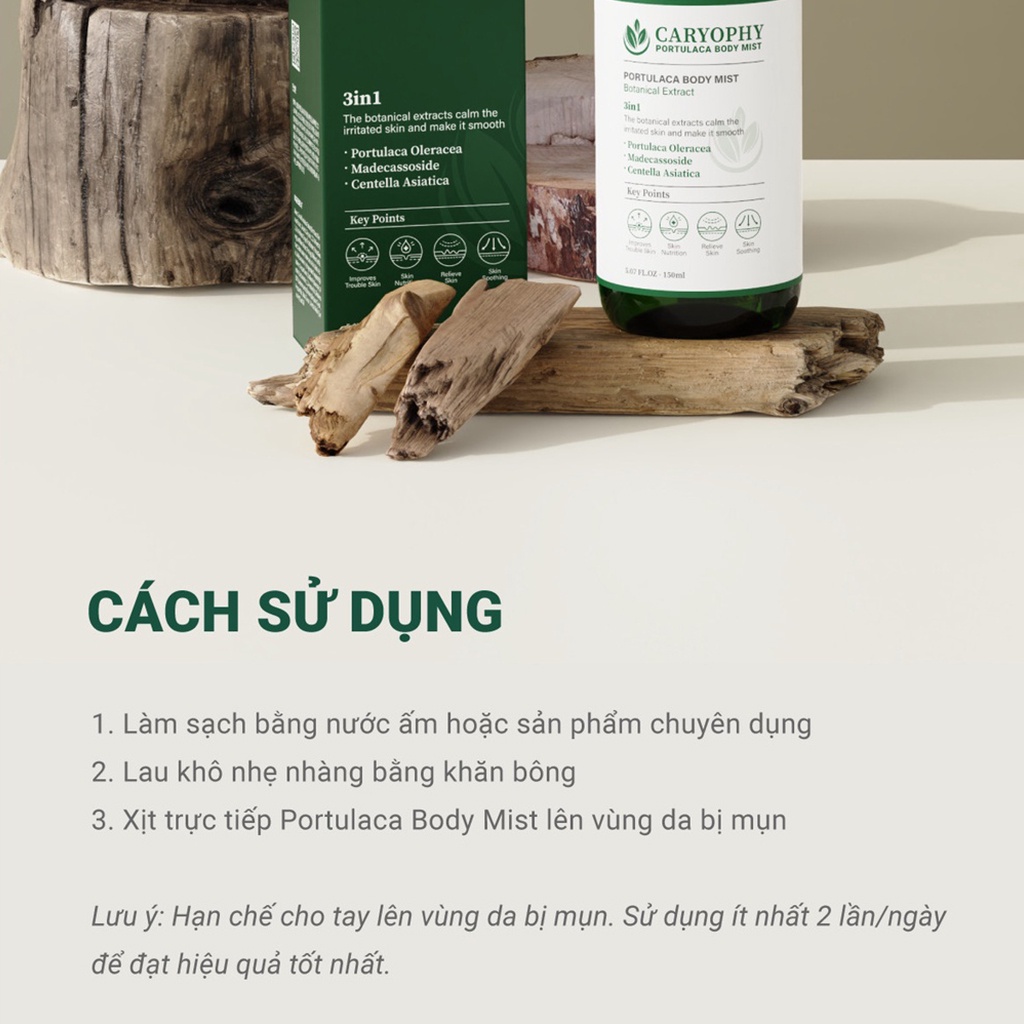 Xịt lưng giảm mụn Caryophy phục hồi dưỡng sáng mờ thâm dịu da mẫn đỏ 150ml – Beauty at home