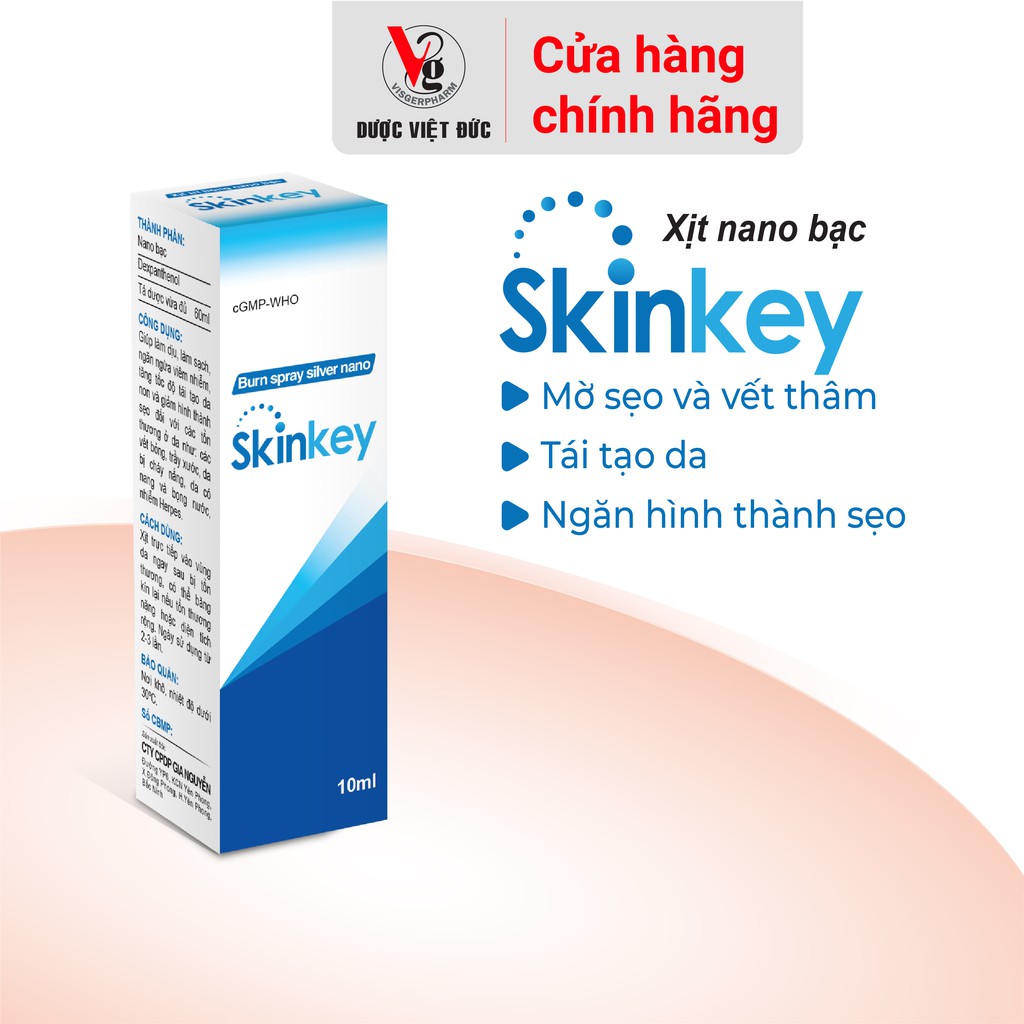 Xịt nano bạc SKINKEY giúp sát trùng, làm sạch da, làm mờ thâm sẹo, lọ 15ml