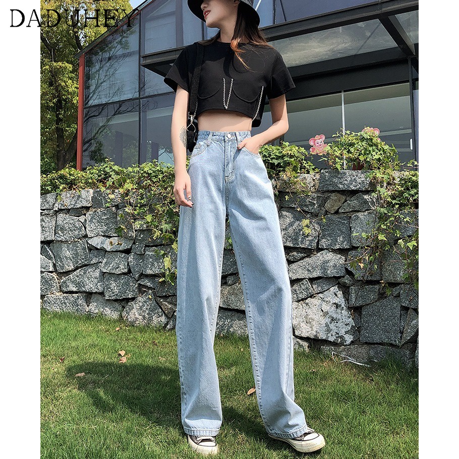 Daduhey Quần jean ống rộng eo cao phong cách retro Hàn Quốc 6 màu sắc tùy chọn