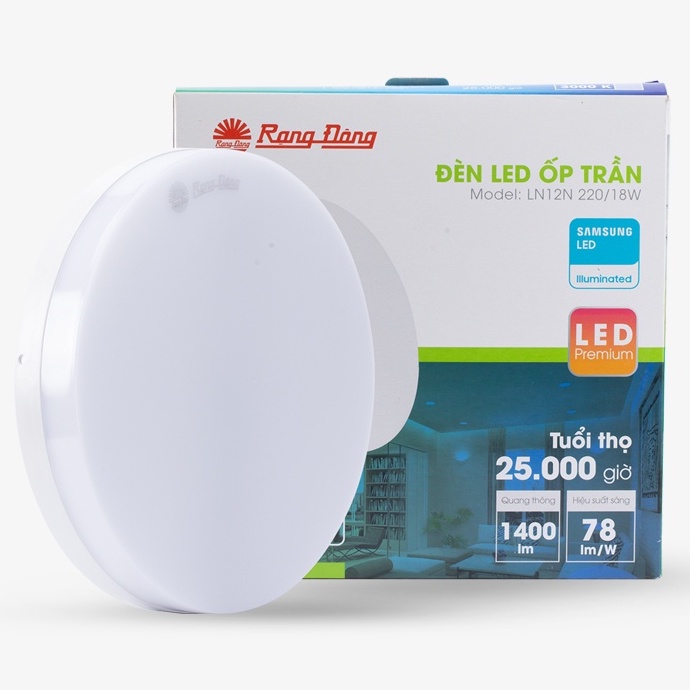 Đèn LED Ốp trần 12W, 18W, 24W tràn viền đế nhựa RẠNG ĐÔNG, trang trí trần thạch cao/phòng khách