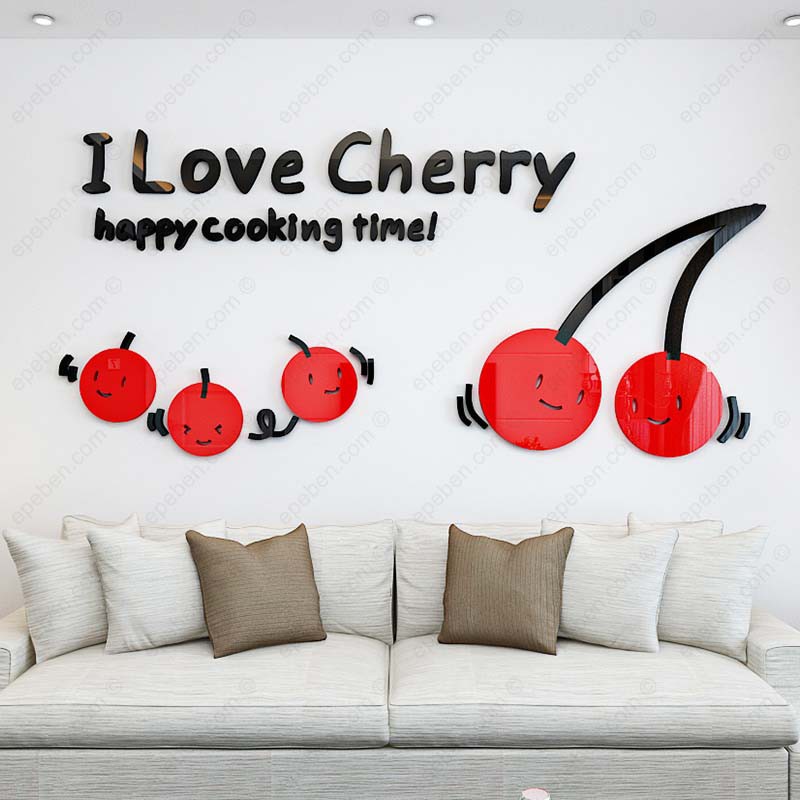 Tranh dán tường mica 3d decor khổ lớn những trái cherry vui vẻ trang trí phòng bếp Nhiều Size - EPeBen