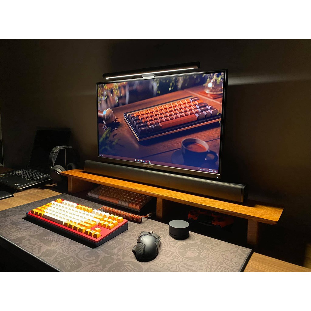 Kệ màn hình máy tính gỗ tự nhiên viền vát giống Grove made, setup WFH bàn làm việc 100cm - 115cm