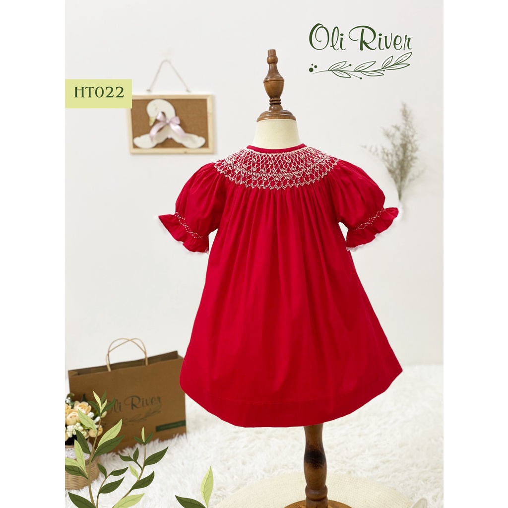 Váy đầm smock đỏ phối thêu cổ trắng oli river HT022