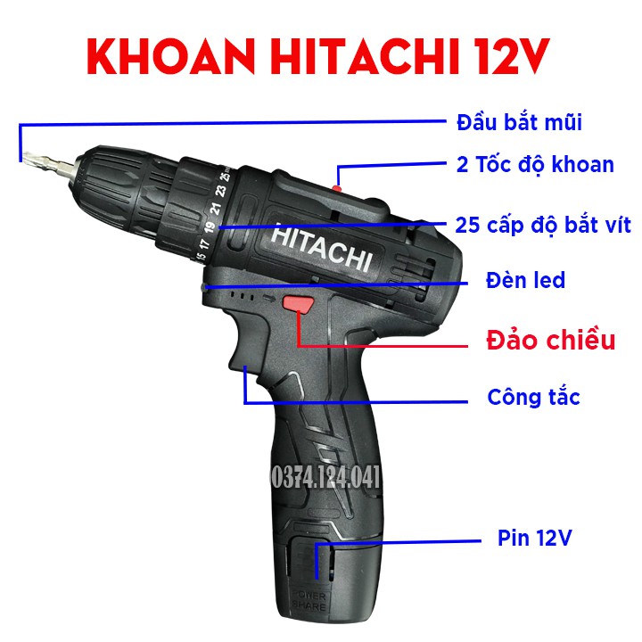 Máy khoan pin HITACHI 12V, Bắn Vít, Vặn vít - Khoan cầm tay 2 cấp tốc độ, 100% đồng, Siêu bền, Có Đèn