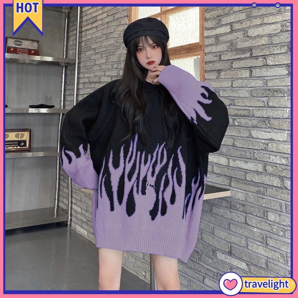(Travelight) Áo Sweater dệt kim cổ tròn hoạ tiết ngọn lửa thời trang thu đông cho phái nữ