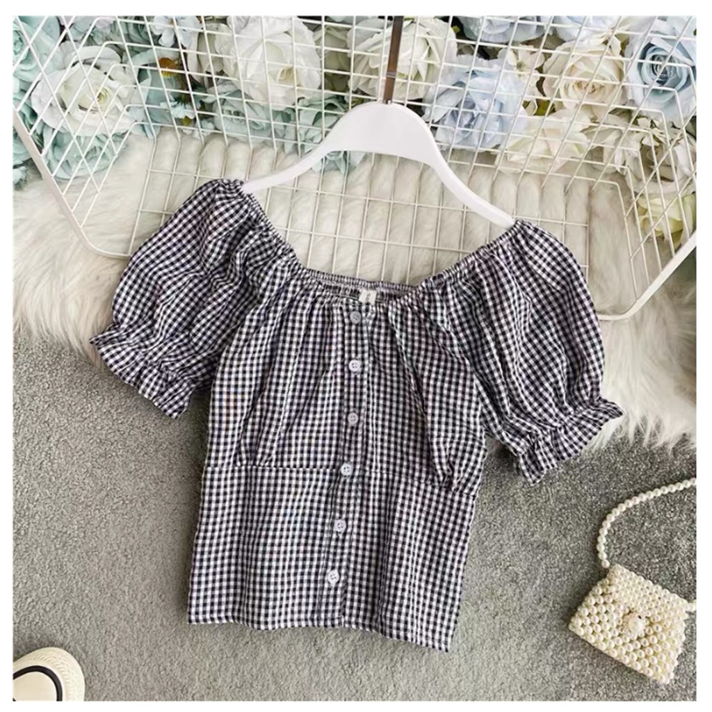 Áo croptop ulzzang chun lưng cka810, kiểu áo tay ngắn trễ vai nhiều màu, cute dễ phối đồ