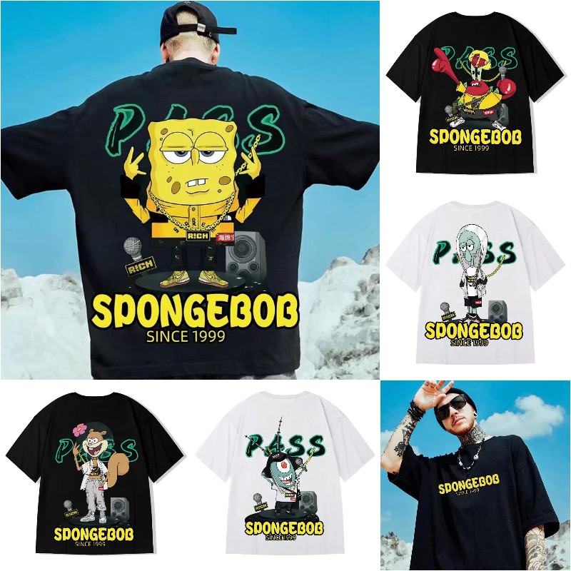 Áo Thun Tay Ngắn Dáng Rộng In Hình SpongeBob Phong Cách Hip Hop Đường Phố Màu Đen/Trắng Thời Trang Cho Nam Và Nữ Size M-3XL