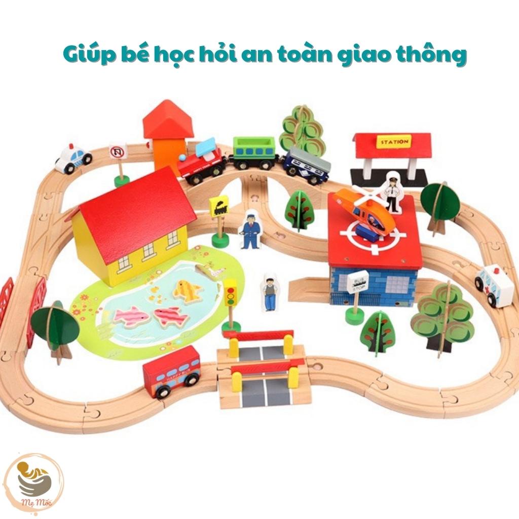 Bộ Mô Hình Giao Thông Gỗ Rail Overpass, Đồ Chơi Đường Ray Cầu Vượt Kèm 4 Ô Tô Cho Bé, Shop Mẹ Mốc