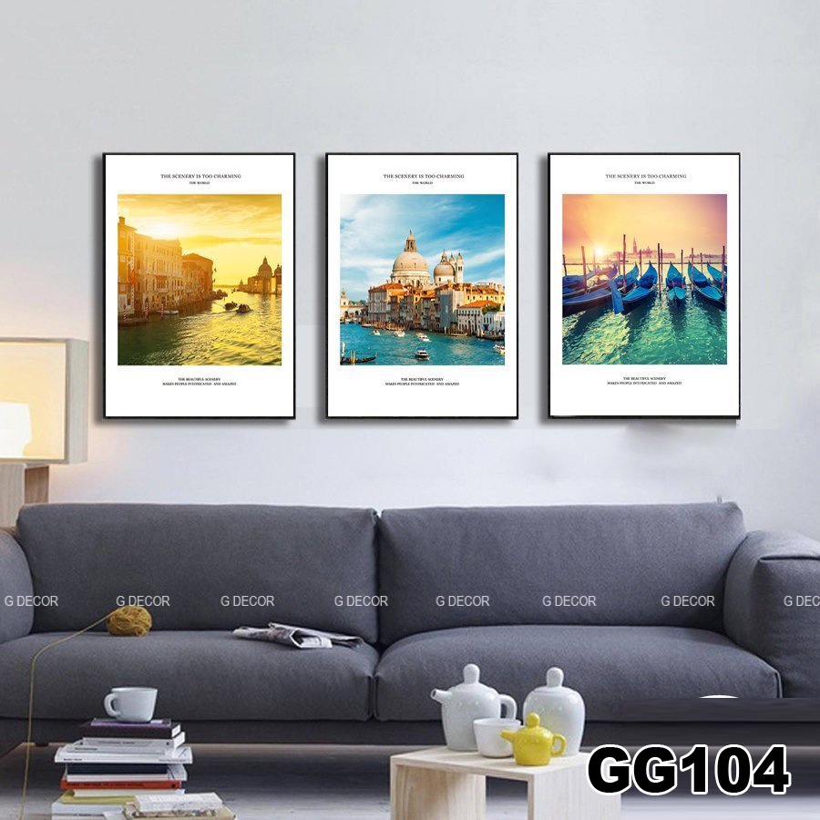 Tranh treo tường canvas khung gỗ 3 bức phong cách hiện đại Bắc Âu tranh phong cảnh trang trí phòng khách phòng ngủ 88