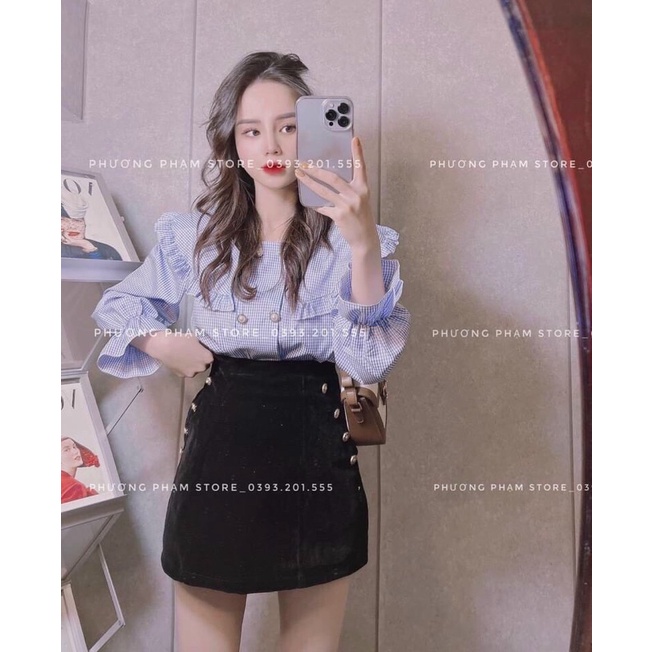 Áo Sơ Mi Cổ Bèo Kẻ Xanh Áo Kiểu Nữ Hàn Quốc Tay Phồng Bánh Bèo Tiểu Thư Form Rộng Cúc Ngọc Siêu Hot