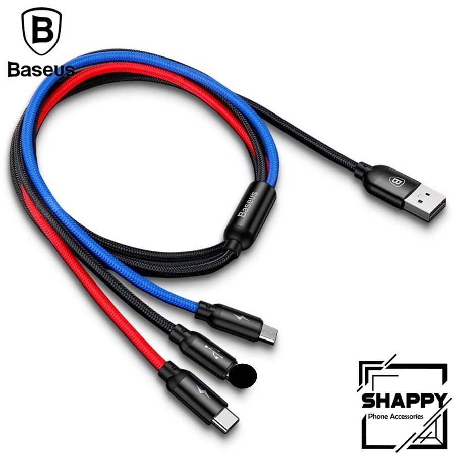 Cáp Sạc Baseus 3 Đầu Three Primary Color Cổng IPhone/TypeC/Micro Hỗ Trợ Sạc Nhanh &amp; Truyền Dữ Liệu[Shappy Shop]