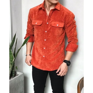Áo sơmi nam dạ nhung màu cam loang