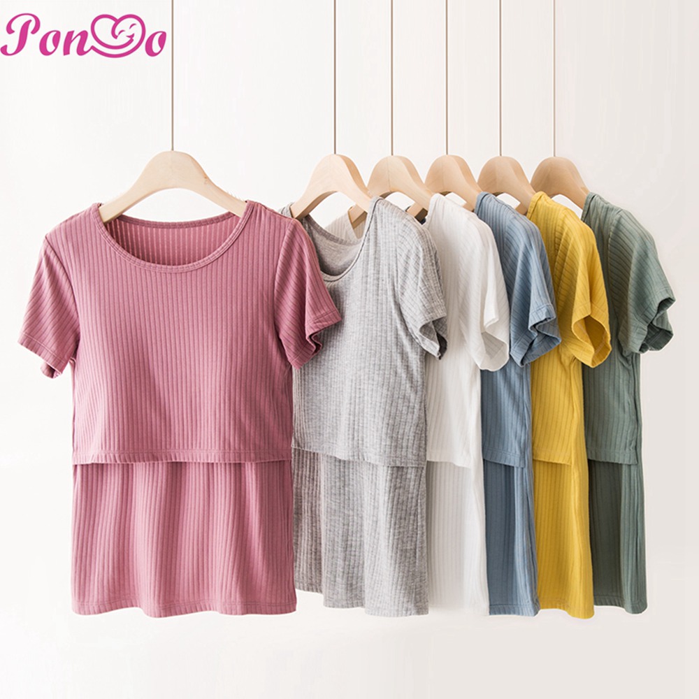 Áo Thun Cotton Mềm Tay Ngắn Có Miếng Đệm Ngực Cho Phụ Nữ Mang Thai