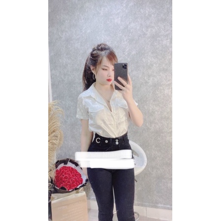 Áo sơ mi lụa gấm cộc tay 2 túi ngực
