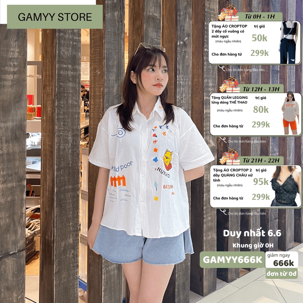 Áo sơ mi gấu Gamyy áo sơ mi nữ cổ bẻ thêu hình phù hợp đi chơi dạo phố nữ tính