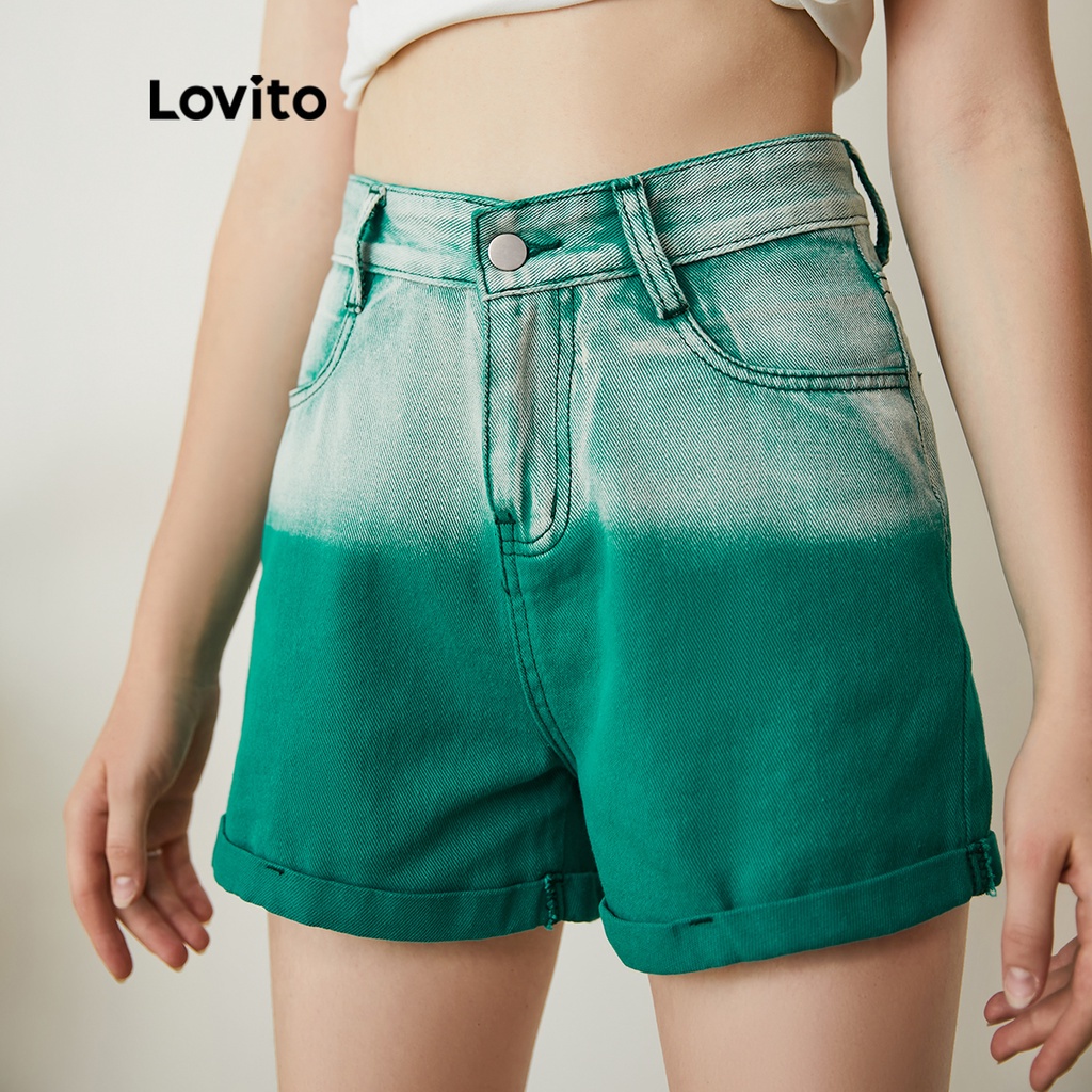 Lovito Thuốc nhuộm cà vạt thông thường Colorblock Quần soóc denim ngắn gấp mép tự nhiên L24AD005 (Xanh lá cây)
