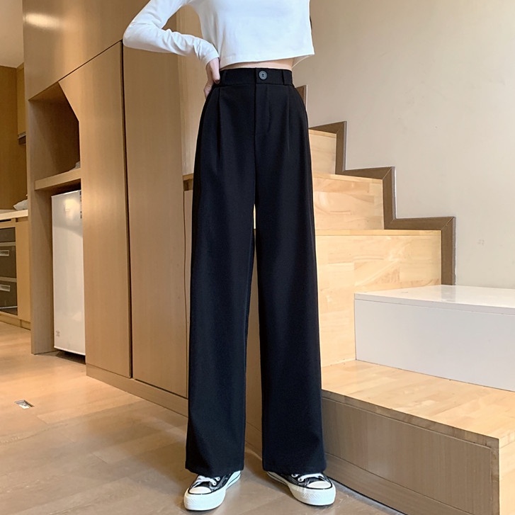 Quần Dài Ống Rộng Lưng Cao Màu Đen Phong Cách Hàn Quốc Thời Trang Mùa Hè Cá Tính Cho Nữ