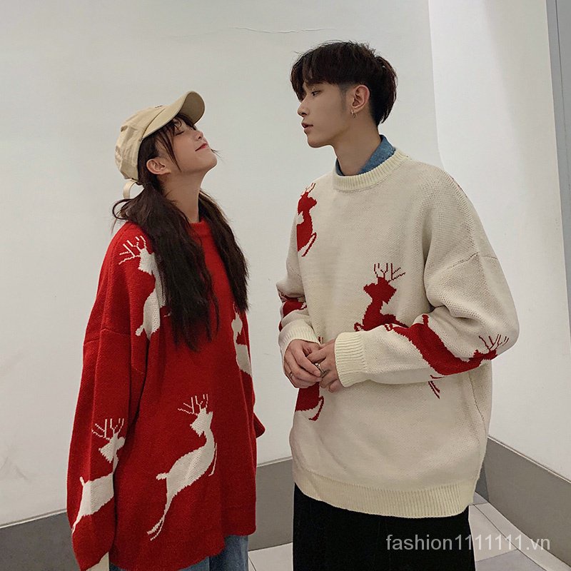 Áo Sweater Dệt Kim Chui Đầu Cổ Tròn Dáng Rộng In Hình Tuần Lộc Giáng Sinh Thời Trang Mùa Đông Cho Cặp Đôi (M-2Xl)