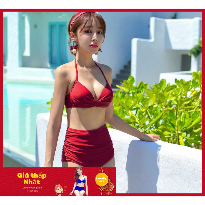 Set Bộ Đồ Quần Áo Tập Bơi Đi Tắm Biển Nữ Bikini cạp cao quần nhúng che bụng