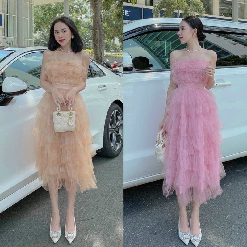 Đầm lưới kim tuyến tầng kem nude hồng, váy dài dễ thương, thời trang tiểu thư công chúa dự tiệc sinh nhật chụp hình