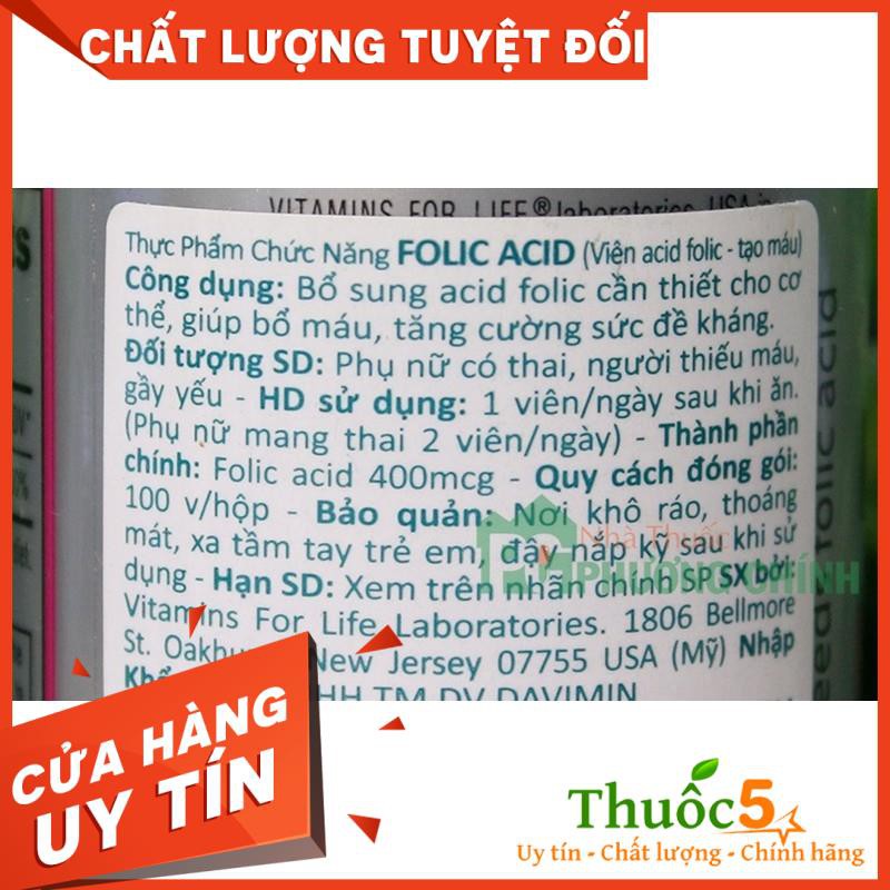 Folic Acid Plus Iron Viên Uống Bổ Sung Acid Folic Và Sắt Vitamins For Life 100 Viên