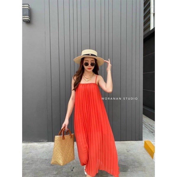 Đầm suông hai dây dáng dài xếp ly, đầm bầu, đầm maxi