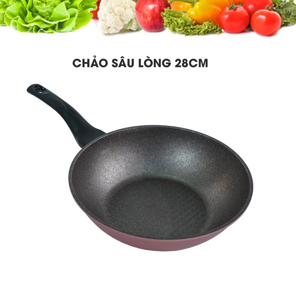 ECORAMIC-Bộ 4 chảo chống dính cao cấp : Chảo sâu lòng 28cm+ nắp kính,2 chảo chiên 18-28cm, chảo vuông 5.0