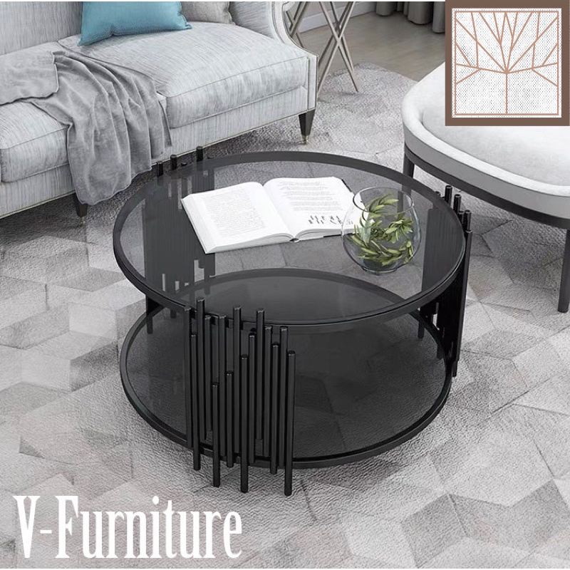 Bàn trà đơn Sofa phòng khách 2 mặt kính tròn chân kim loại sơn tĩnh điện kiểu cây sáo sang trọng hiện đại