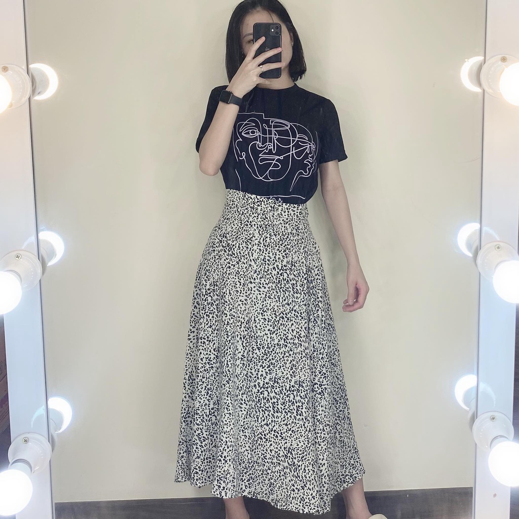 Chân Váy Da Beo Midi, Áo Phông Tay Lỡ Pull Đen