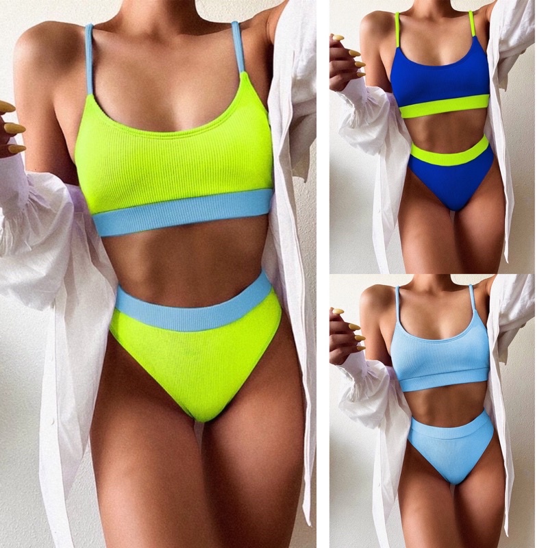 [BKN820] &lt;ÂU&gt; SET BIKINI BASIC VẢI GÂN XANH COBALT/XANH NEON (CẠP CAO)