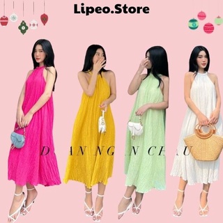 Đầm MAXI cổ yếm dây bện dáng xoè, Váy maxi xốp nhẹ