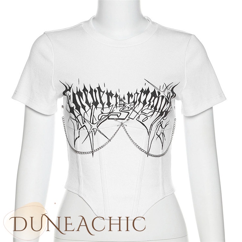 DUNEA Áo thun lửng dáng ôm in họa tiết phối dây xích thời trang mùa hè cho nữ