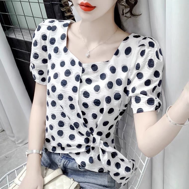 Áo Chiffon Cổ Vuông Tay Ngắn Họa Tiết Chấm Bi Thời Trang Mùa Hè Cho Nữ